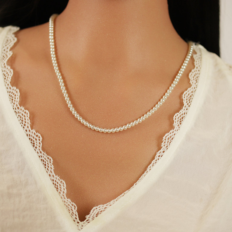 Collier en acier perles blanches imitation - 40.5+5.5cm - Vue 20