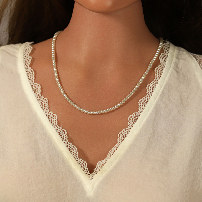 Collier en acier perles blanches imitation - 45.5+5.0cm - Vue 20
