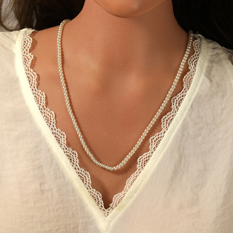 Collier en acier perles blanches imitation  - 50+5.0cm - Vue 20