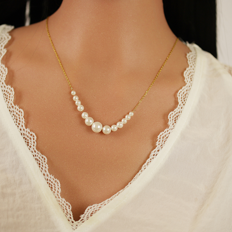 Collier en acier doré avec perles blanches imitation - 40+5cm - Vue 20