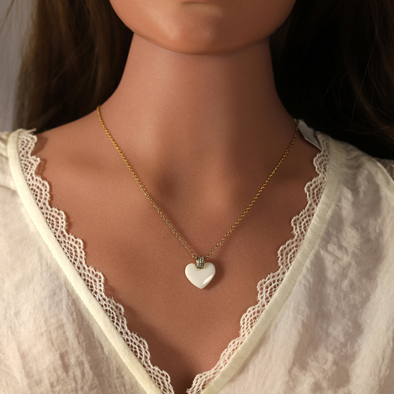 Collier en acier dor pendentif coeur bomb cramique blanche - 43.5+5cm - Vue 20