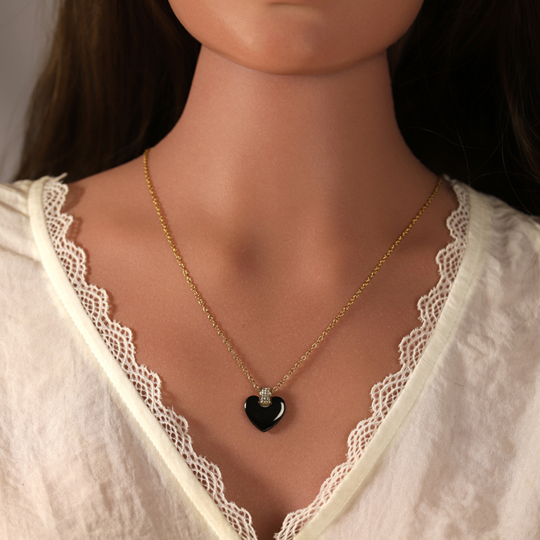 Collier en acier dor pendentif coeur bomb cramique noir - 43.5+5cm - Vue 20