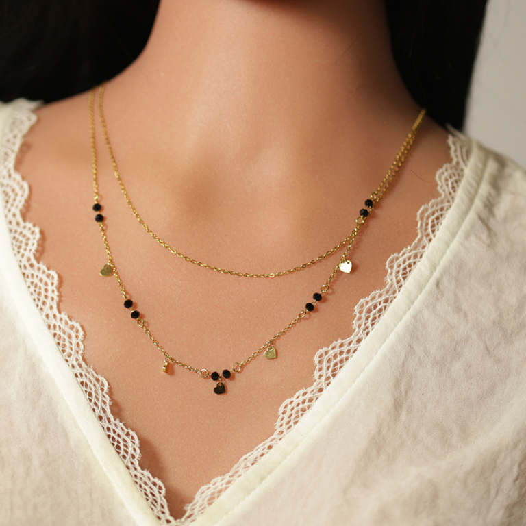 Collier en acier doré deux rangs coeurs lisses et oxydes noirs facetés - 39+5cm - Vue 20