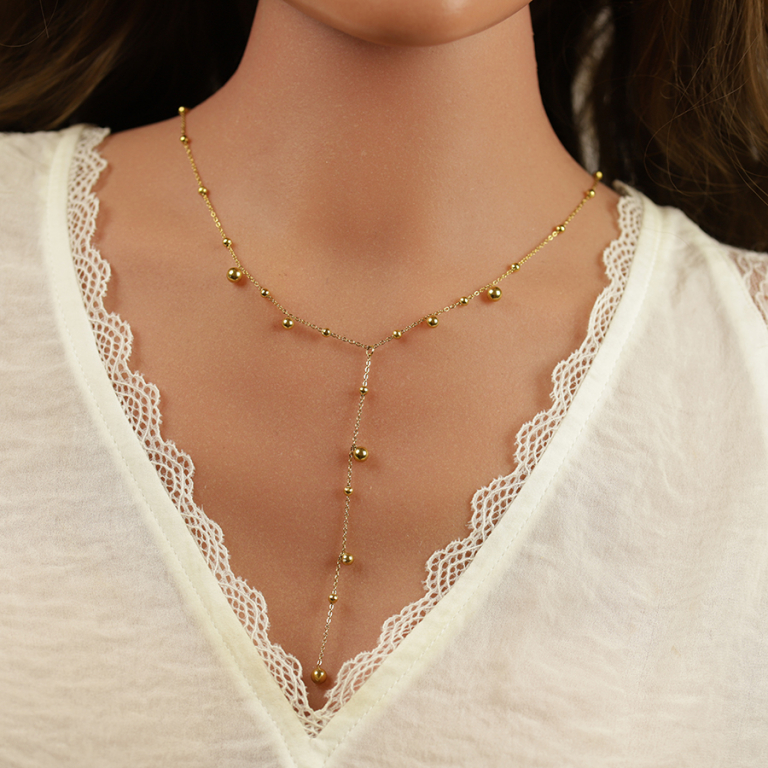Collier en acier doré forme cravate avec boules - 38+5cm - Vue 20