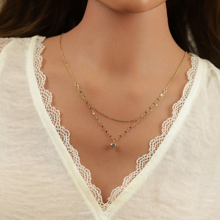 Collier en acier doré deux rangs avec oxyde blanc serti - 41+4cm - Vue 20