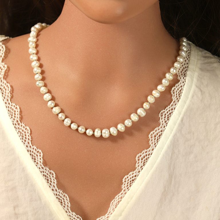 Collier en acier perle blanche de culture d\'eau douce 6-7mm irrégulière - 40+10cm - Vue 20