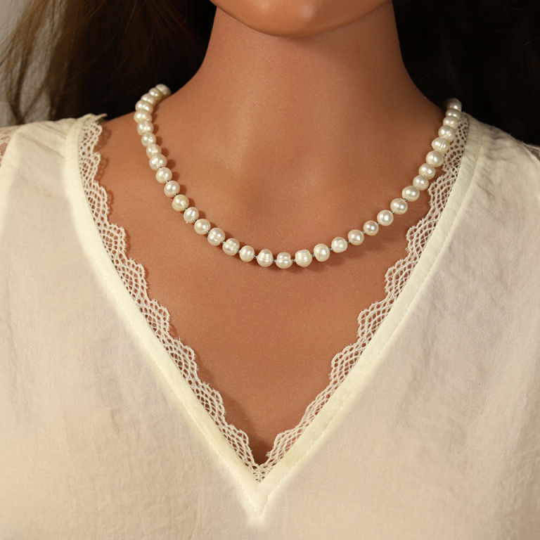Collier en acier perle blanche de culture d\'eau douce 8-9mm - 42+10cm - Vue 20