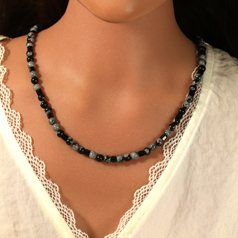 Collier en acier boules 6mm obsidienne neige - 45+10cm - Vue 20