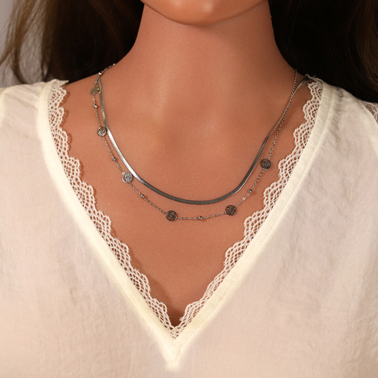 Collier en acierdeux rangs une chaîne plate et l\'autre boules motif arbre de vie - 40+6cm - Vue 20