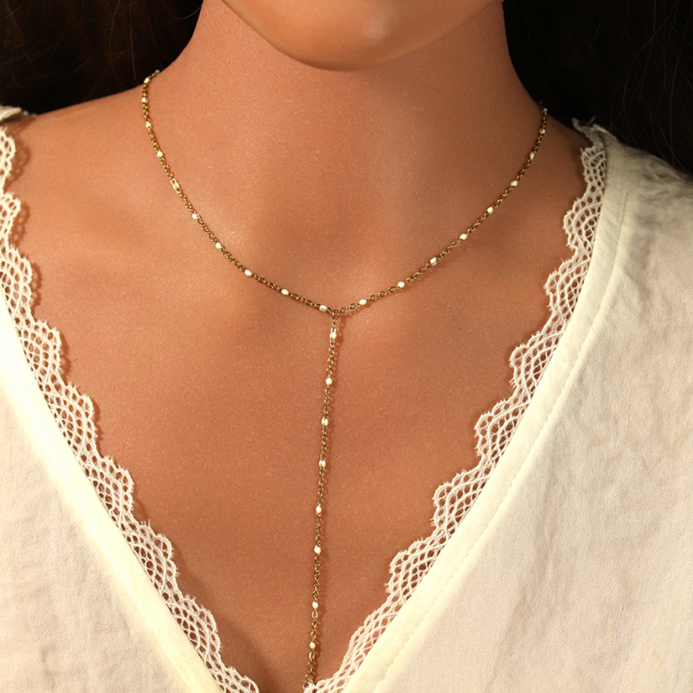 Collier en acier doré cravate (10.5cm) résine blanche - 40+5cm - Vue 20