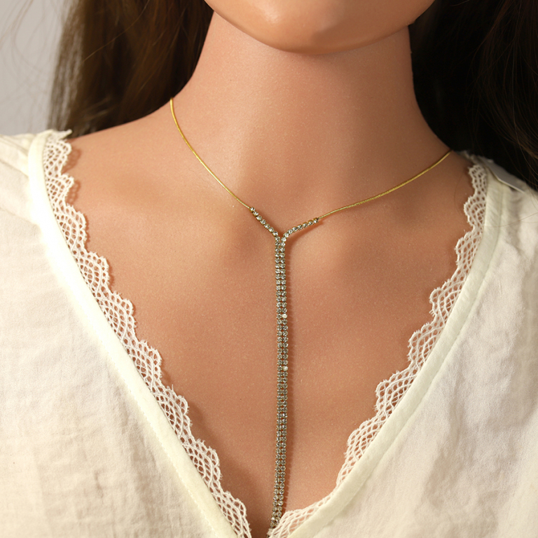 Collier en acier doré cravate (14.8cm) 2 rangs d\'oxydes blancs - 40+5cm - Vue 20