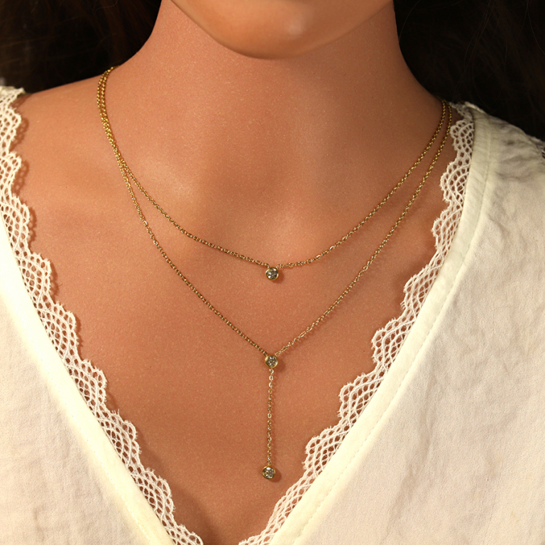 Collier en acier dor� double cravate avec oxydes blancs serti clos - 40+5cm - Vue 20