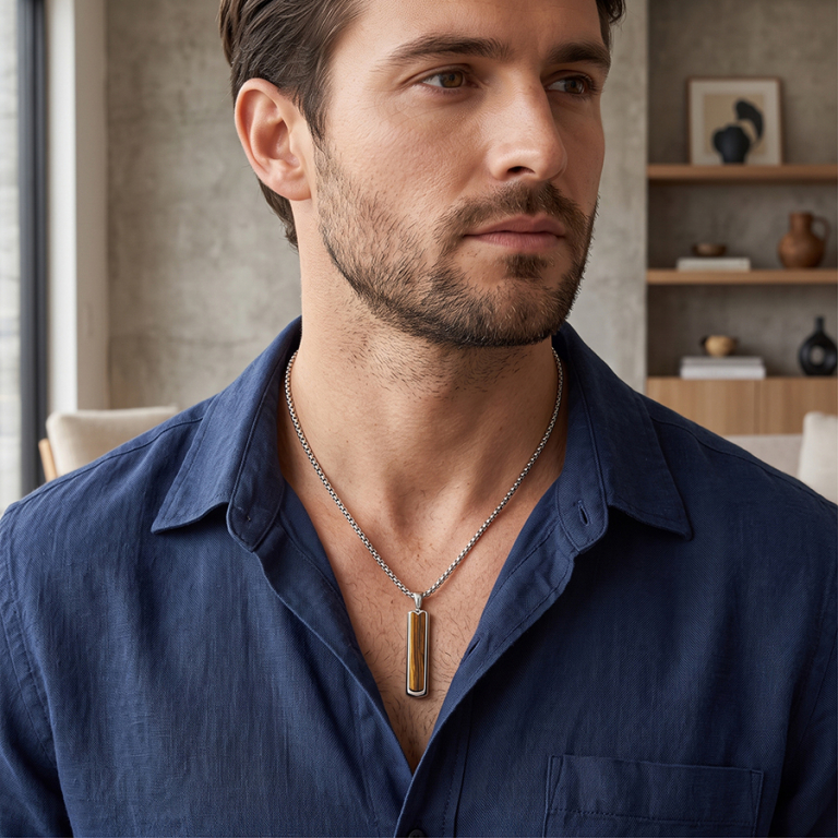 Collier en acier pendentif vertical 35mm x 7mm oeil de tigre v�ritable - 54.5cm - Vue 20