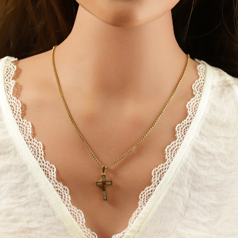 Collier en acier doré pendentif croix articulée 20 x 14mm avec oxydes blancs - 45+10cm - Vue 20