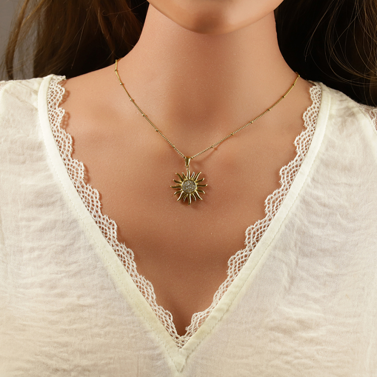 Collier en acier pendentif soleil 30mm avec oxydes blancs au centre - 40+5cm - Vue 20