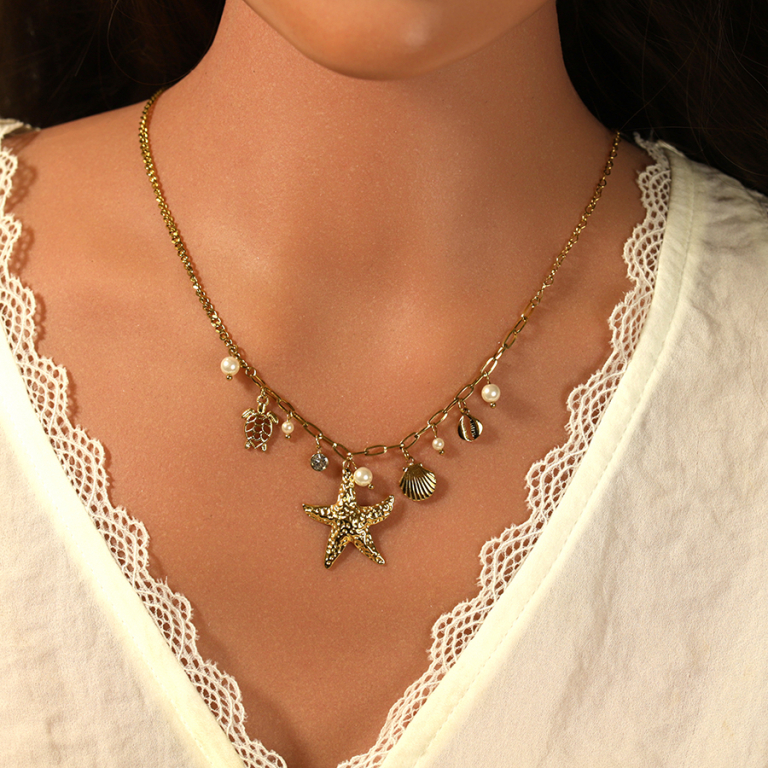 Collier en acier avec pampilles theme mer et perles blanches imitation - 43+5cm - Vue 20