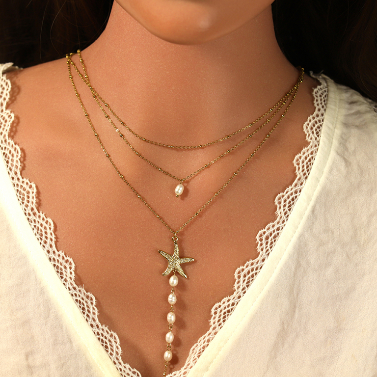 Collier en acier 3 rangs avec etoile de mer et perles blanches imitation - 43+5cm (53+5cm) - Vue 20