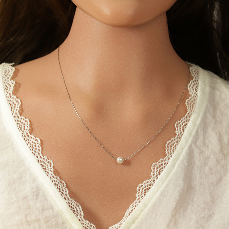 Collier en acier pendentif perle blanche imitation 6mm - 40+5cm - Vue 20