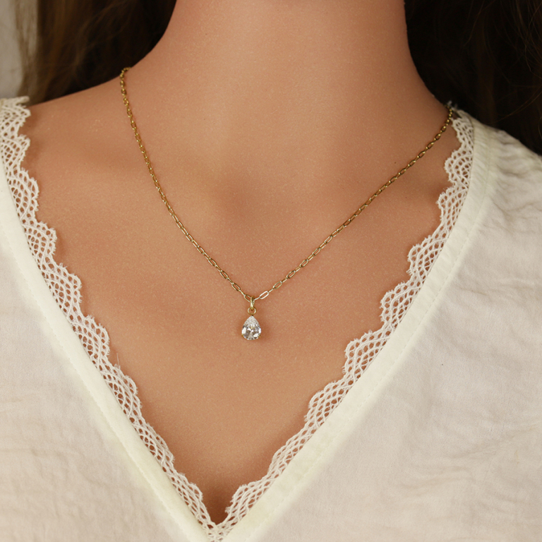 Collier en acier dor� goutte d\'oxyde blanc - 40+5cm - Vue 20