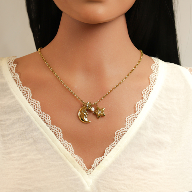 Collier en acier dor� pendentif lune et etoile oxydes blancs - 40+5cm - Vue 20