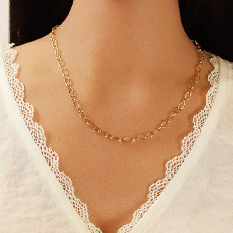 Collier en acier dor� maille ovale altern�e cisel�e - 45cm - Vue 20