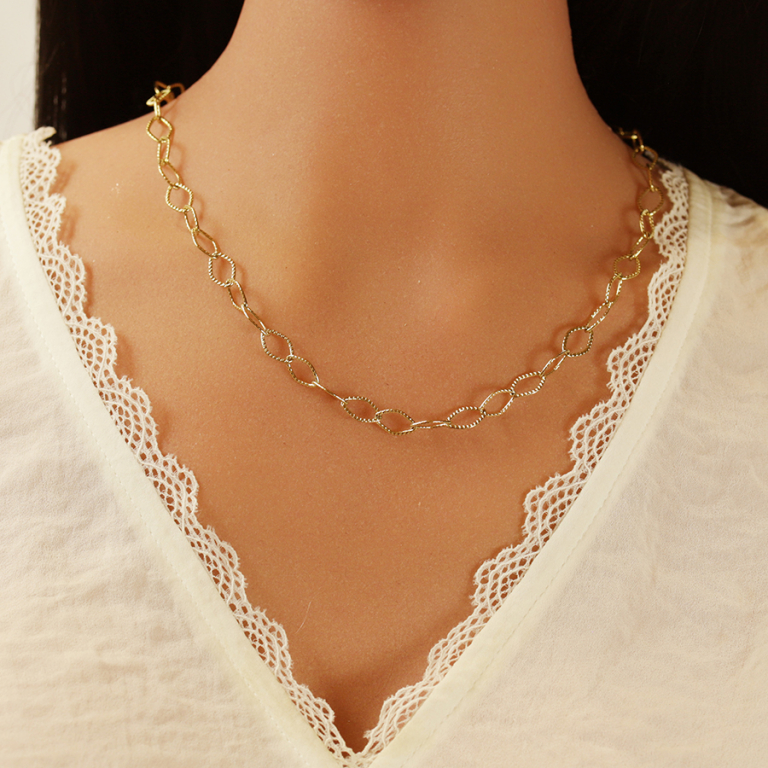 Collier en acier dor� maille losange cisel�e - 45cm - Vue 20