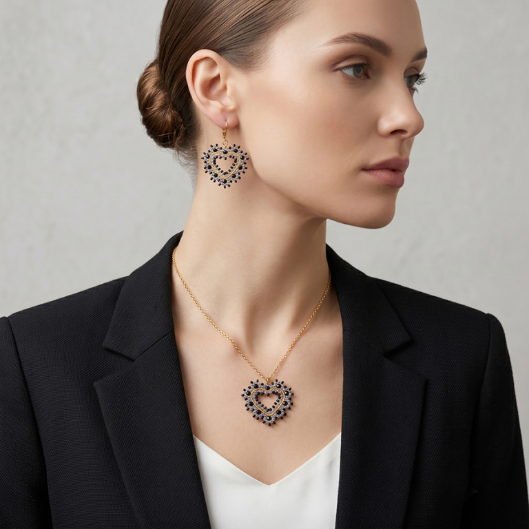 Collier en acier dor� pendentif forme coeur noir - 42+10cm - Vue 20