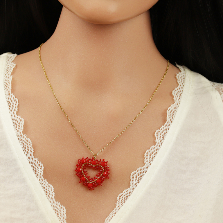 Collier en acier dor� pendentif forme coeur rouge - Vue 20
