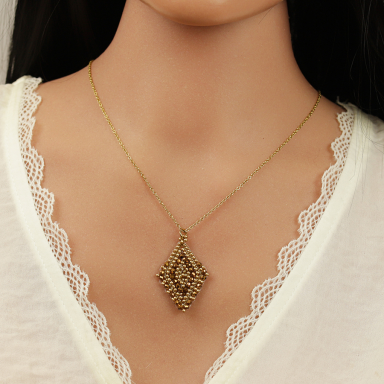 Collier en acier dor� pendentif forme losange - 42+10cm - Vue 20