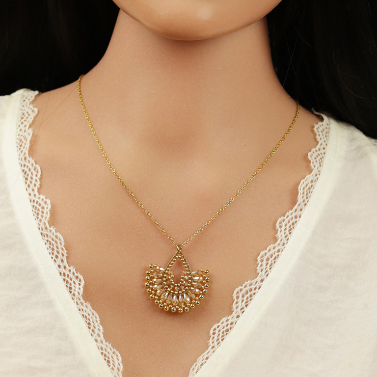Collier en acier dor� pendentif forme �ventail - 42+10cm - Vue 20