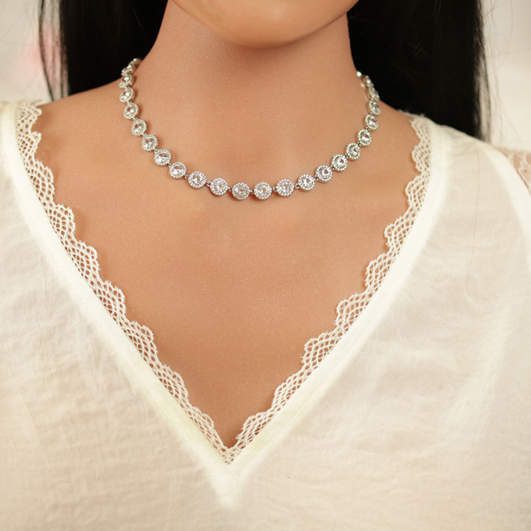 Collier en acier ronds d\'oxydes blancs sertis contour oxydes blancs sertis - 31+14cm - Vue 20