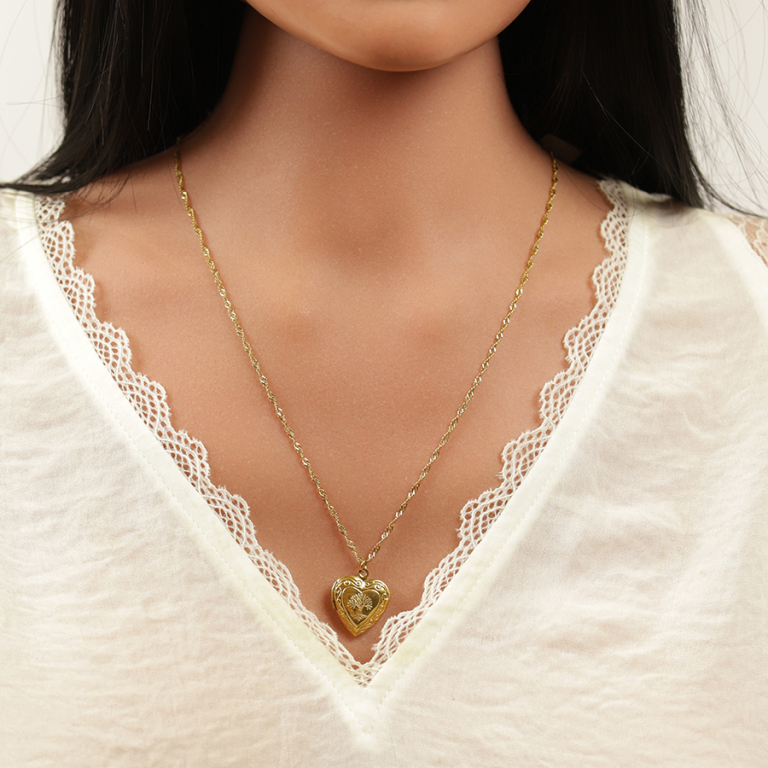 Collier en acier dor� avec pendentif cassolette coeur et arbre de vie  - 45+10cm - Vue 20