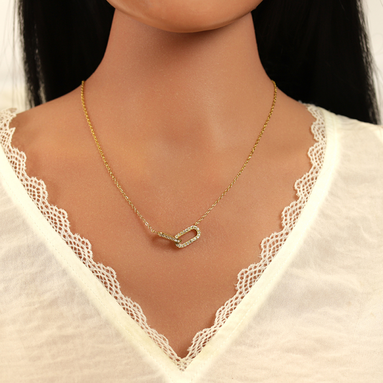 Collier acier dor� deux mailles entrem�l�es avec oxydes blancs - 40+5cm - Vue 20