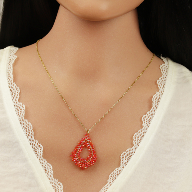 Collier en acier dor� pendentif forme goutte couleur corail - 42+10cm - Vue 20