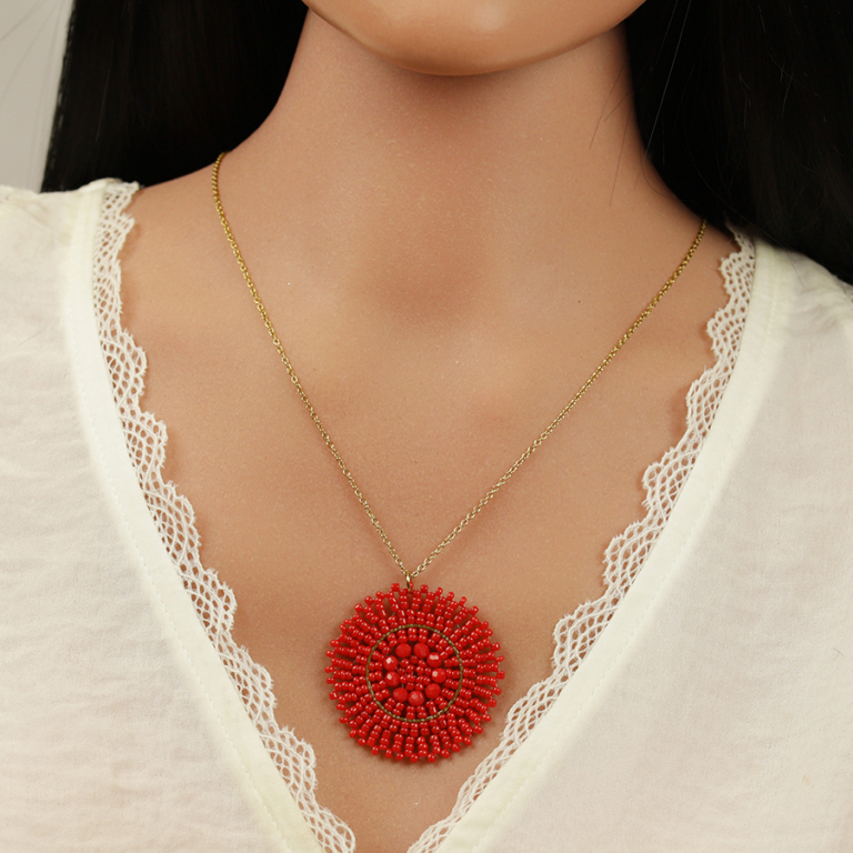 Collier en acier dor� pendentif rond rouge 45mm - 42+10cm - Vue 20