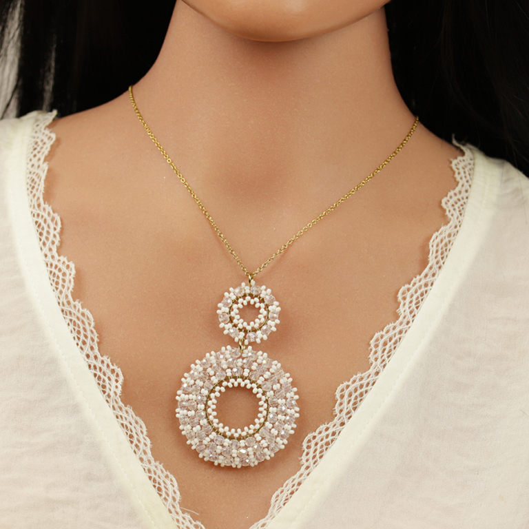 Collier en acier dor� pendentif rond blanc 45mm - 42+10cm - Vue 20