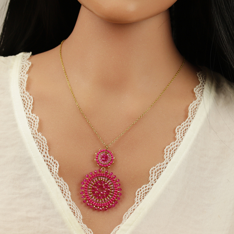 Collier en acier dor� pendentif boh�me deux ronds perles roses et violine -  42+10cm - Vue 20