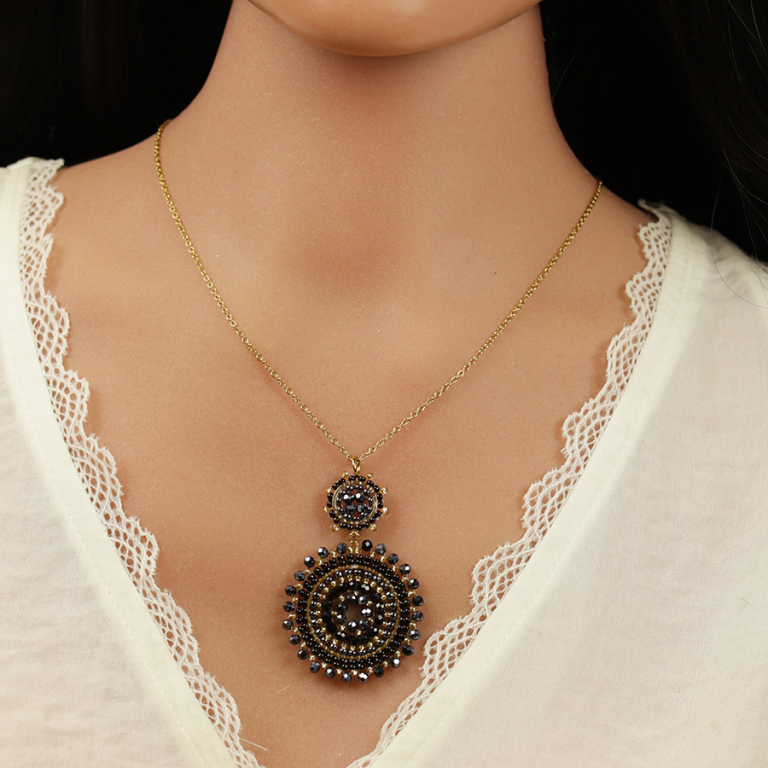 Collier en acier dor� pendentif boh�me deux ronds perles bleues et dor�es - 42+10cm - Vue 20