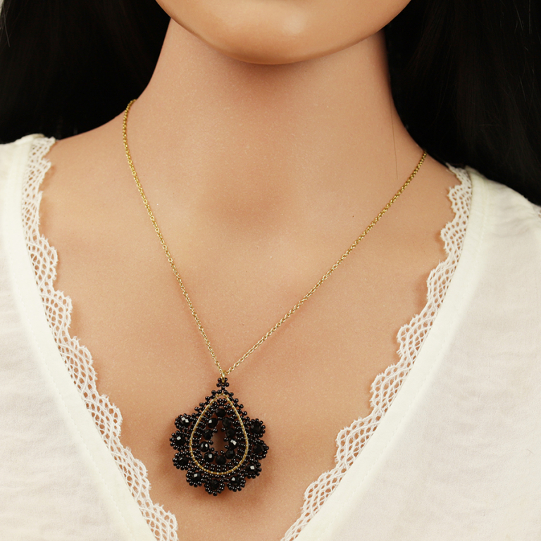 Collier en acier dor� pendentif goutte noir - 42+10cm - Vue 20