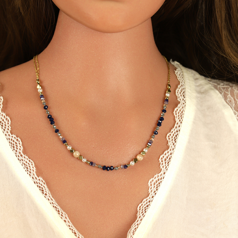 Collier en acier dor� boules verre 4mm facet� perles imitation et pierre de lune - 40+10cm - Vue 20