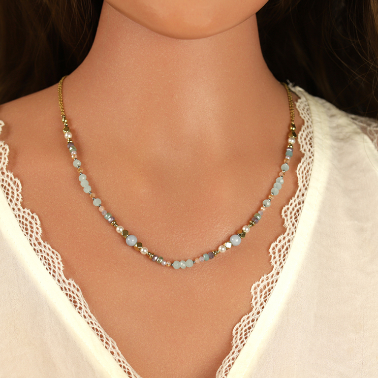 Collier en acier dor� boules 4mm verre facet� perle imitation et s�l�nite - 40+10cm - Vue 20