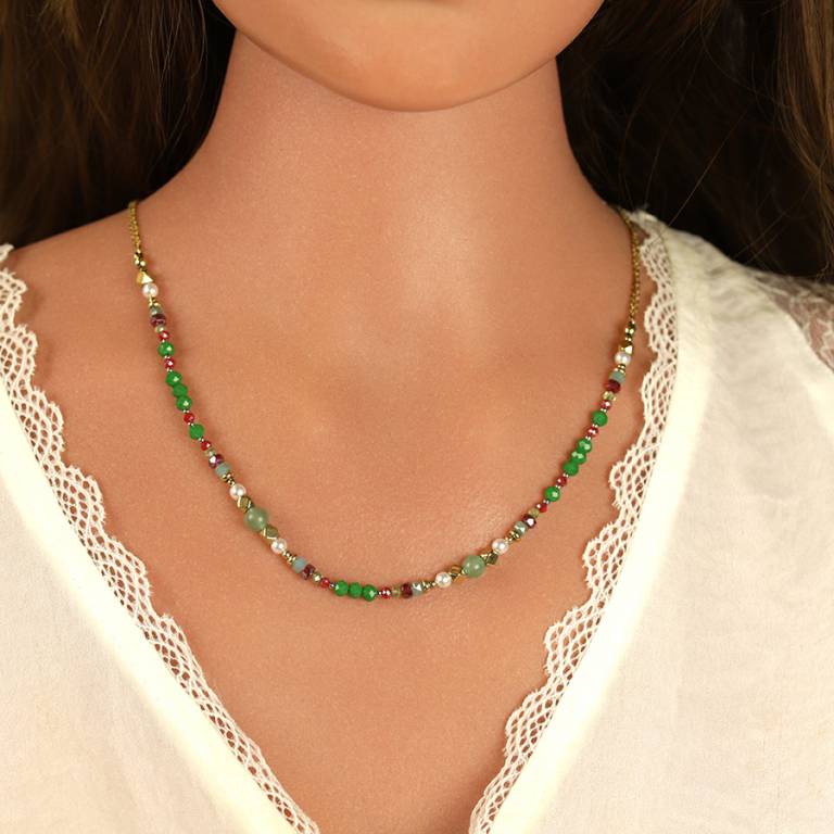 Collier en acier dor� boules 4mm verre facet� perles imitation et aventurine 6mm v�ritable - 40+10cm - Vue 20