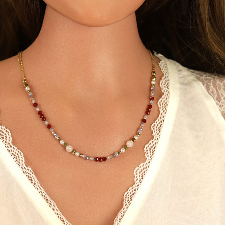 Collier en acier dor� boules verre 4mm facet� perle imitation et quartz 6mm v�ritable - 40+10cm - Vue 20