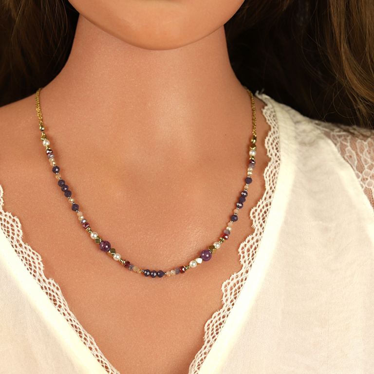 Collier en acier dor boules 4mm verre facet perles imitation et amthyste 6mm vritable - 40+10cm - Vue 20
