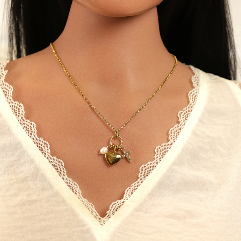 Collier acier dor� pendentif coeur, croix par�e d\'oxydes blancs et goutte blanche  - 40+5cm - Vue 20