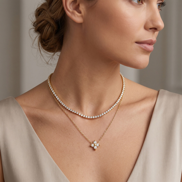 Collier en acier dor� double un rail d\'oxydes blancs sertis et pendentif fleur oxydes blancs - 42+5cm - Vue 20
