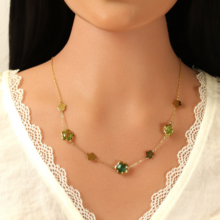 Collier en acier dor� pastilles fleur et oxydes forme fleur vert clair  - 40+5cm - Vue 20