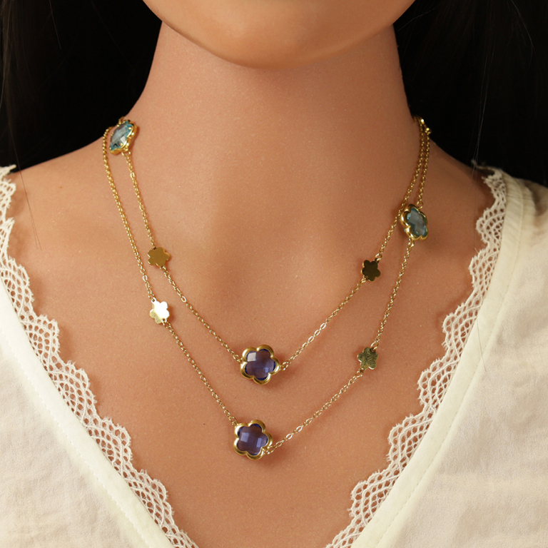 Collier en acier dor� sautoir pastilles fleur et oxydes forme fleur bleu clair - Vue 20