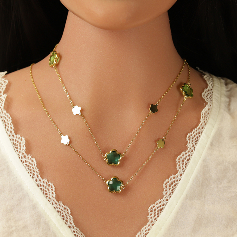 Collier en acier dor� sautoir pastilles fleur et oxydes forme fleur vert clair - Vue 20