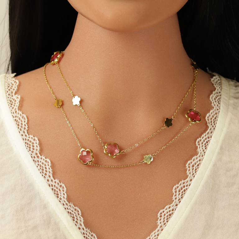 Collier en acier dor� sautoir pastilles fleur et oxydes forme fleur rose clair - Vue 20